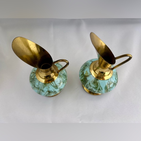 VTG DELFT HOLLAND 6.5” Brass Marbled Ceramic Pitcher Vase Hand Painted Blue Gold - Picture 3 of 7
